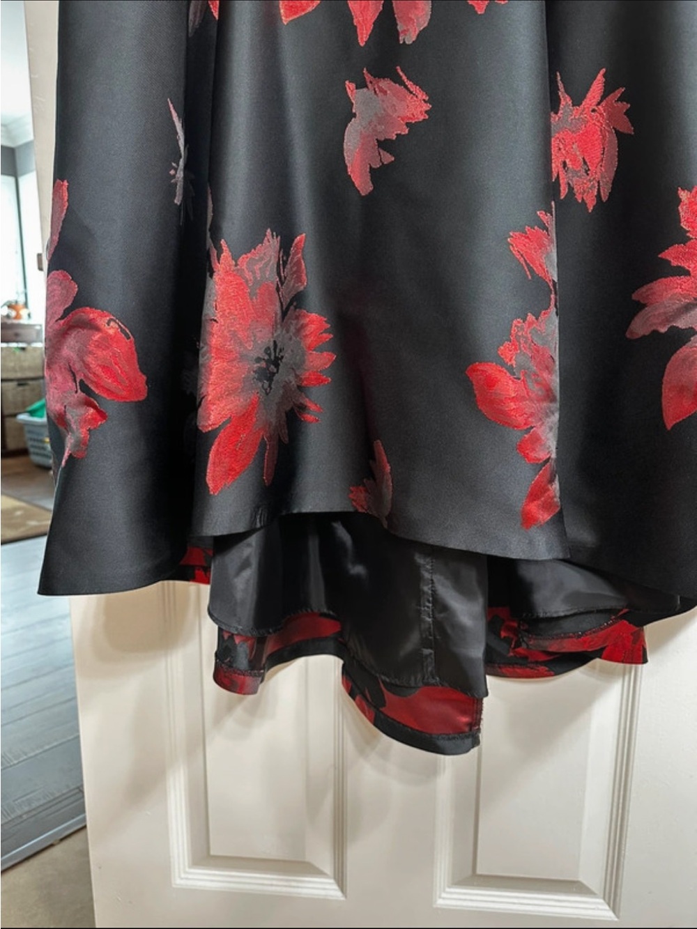 Calvin Klein Black and Red Satin Dress with Floral Detail - Picture 3 of 9